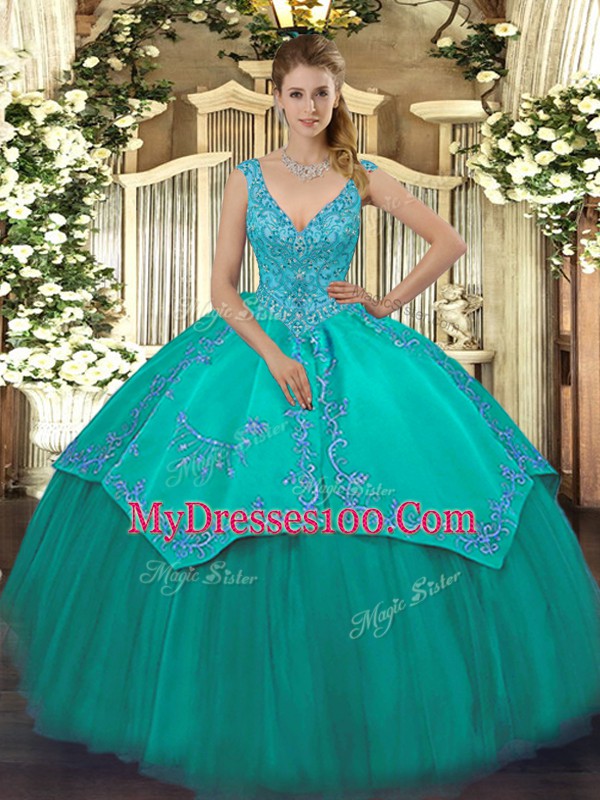 Beading and Embroidery Quinceanera Dresses Turquoise Zipper Sleeveless Floor Length