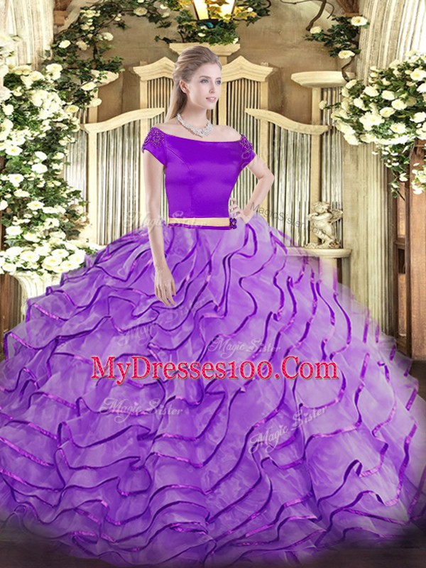 High Class Off The Shoulder Short Sleeves Brush Train Zipper Sweet 16 Dress Lavender Tulle