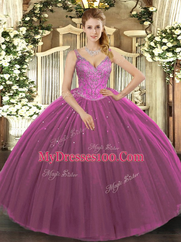 Stylish Fuchsia Tulle Lace Up V-neck Sleeveless Floor Length Sweet 16 Dresses Beading