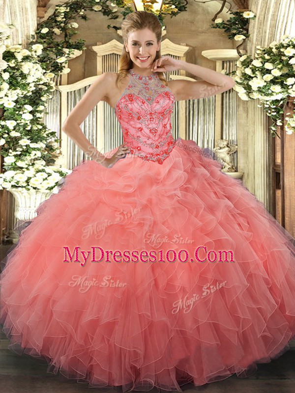 Low Price Floor Length Watermelon Red Quinceanera Dress Organza Sleeveless Beading and Embroidery