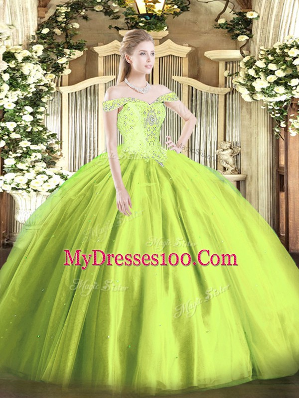 Yellow Green Sleeveless Floor Length Beading Lace Up Quince Ball Gowns