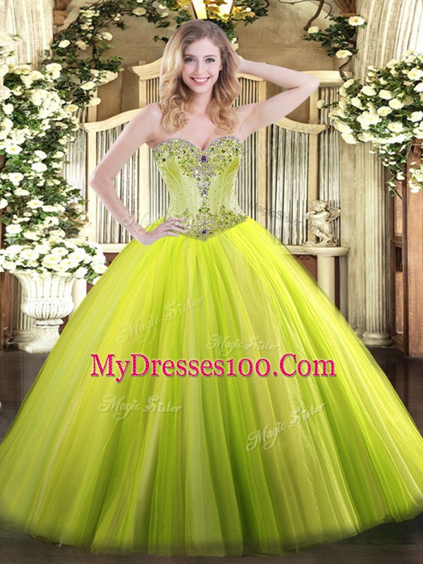 Yellow Green Sweetheart Lace Up Beading 15th Birthday Dress Sleeveless