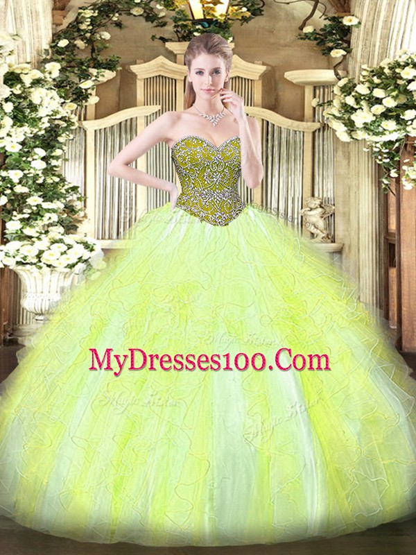 Tulle Sweetheart Sleeveless Lace Up Beading and Ruffles 15th Birthday Dress in Yellow Green