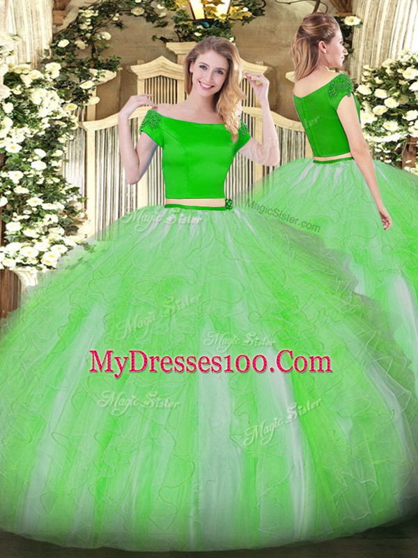 Inexpensive Green Short Sleeves Floor Length Appliques and Ruffles Zipper 15th Birthday Dress