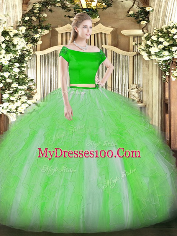 Inexpensive Green Short Sleeves Floor Length Appliques and Ruffles Zipper 15th Birthday Dress