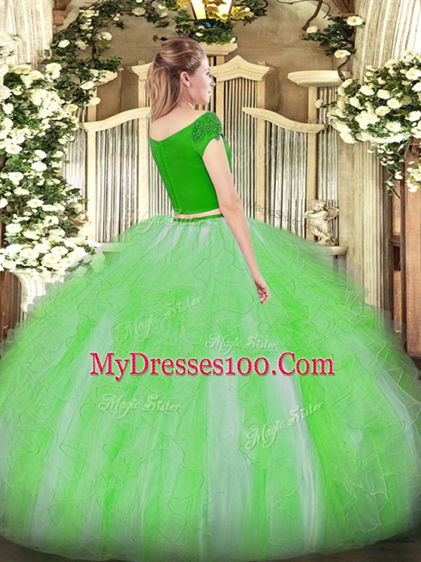 Inexpensive Green Short Sleeves Floor Length Appliques and Ruffles Zipper 15th Birthday Dress