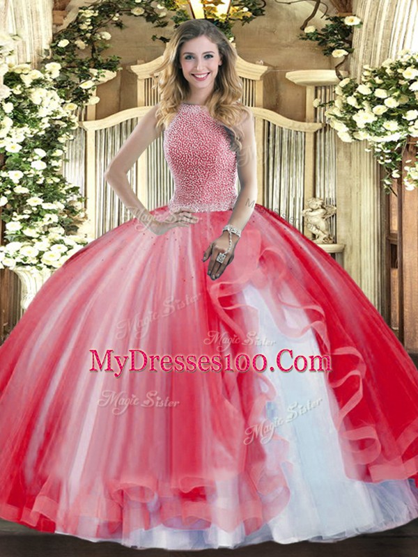 Beading and Ruffles Quinceanera Dress Red Lace Up Sleeveless Floor Length