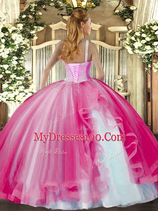 Beading and Ruffles Quinceanera Dress Red Lace Up Sleeveless Floor Length