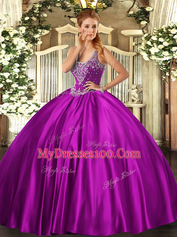 Most Popular Satin Straps Sleeveless Lace Up Beading Vestidos de Quinceanera in Fuchsia