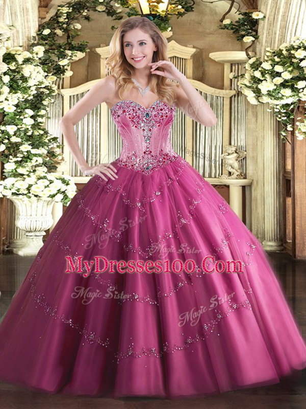 Graceful Tulle Sweetheart Sleeveless Lace Up Beading Quinceanera Gowns in Fuchsia