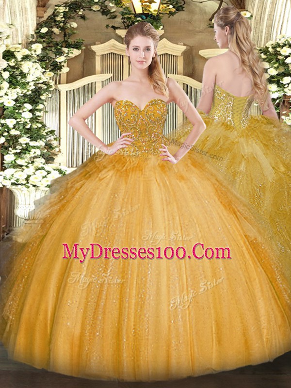 Customized Floor Length Gold Quinceanera Gowns Sweetheart Sleeveless Lace Up