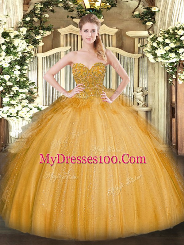 Customized Floor Length Gold Quinceanera Gowns Sweetheart Sleeveless Lace Up