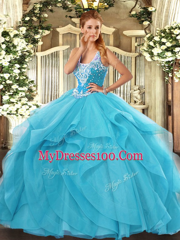 Free and Easy Straps Sleeveless Lace Up 15 Quinceanera Dress Aqua Blue Tulle