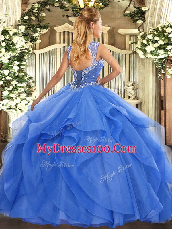 Free and Easy Straps Sleeveless Lace Up 15 Quinceanera Dress Aqua Blue Tulle
