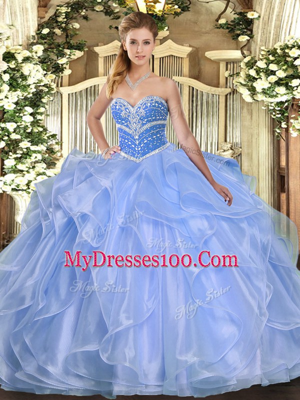 Glorious Blue Ball Gowns Sweetheart Sleeveless Organza Floor Length Lace Up Beading and Ruffles Sweet 16 Quinceanera Dress