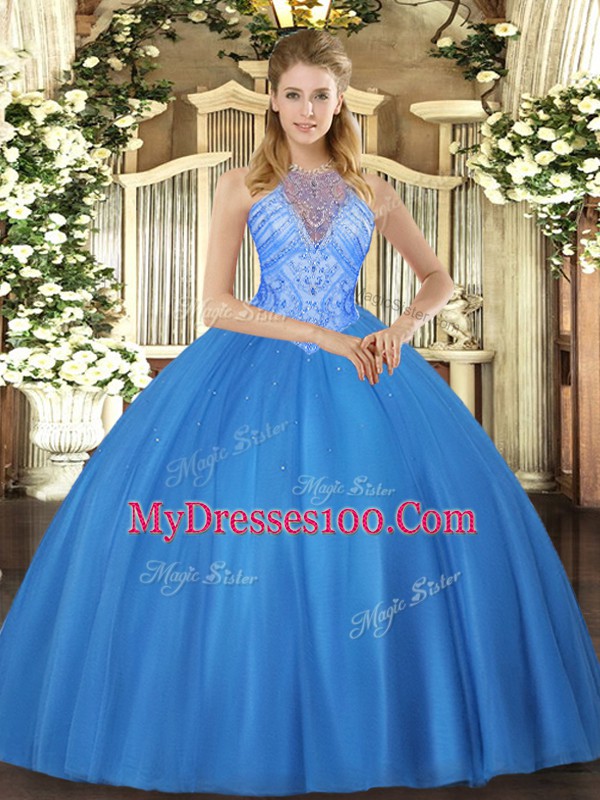 Baby Blue Sleeveless Tulle Lace Up Ball Gown Prom Dress for Military Ball and Sweet 16 and Quinceanera