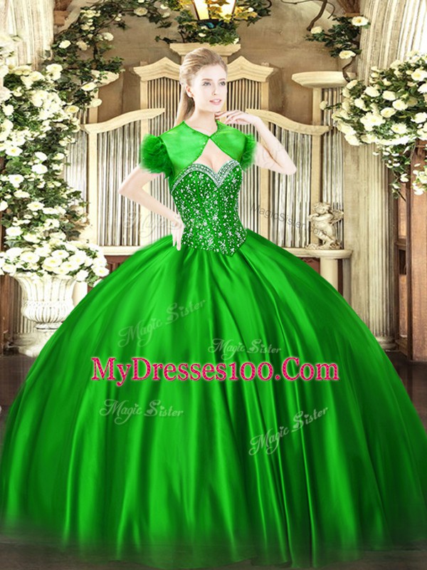 Customized Floor Length Green Quince Ball Gowns Satin Sleeveless Beading