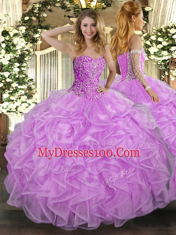 Sexy Sweetheart Sleeveless Tulle Quinceanera Gowns Beading and Ruffles Lace Up