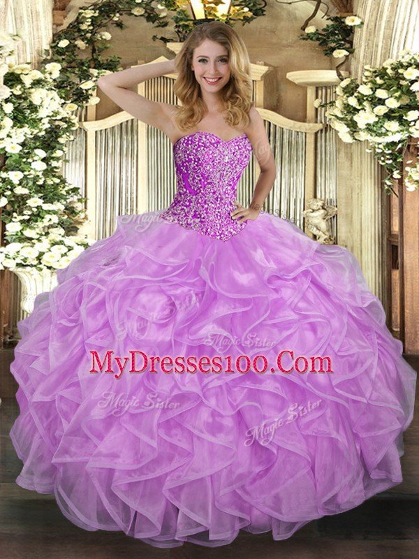 Sexy Sweetheart Sleeveless Tulle Quinceanera Gowns Beading and Ruffles Lace Up
