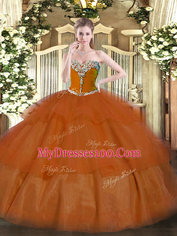 Gorgeous Rust Red Tulle Lace Up Sweetheart Sleeveless Floor Length Sweet 16 Quinceanera Dress Beading and Ruffled Layers