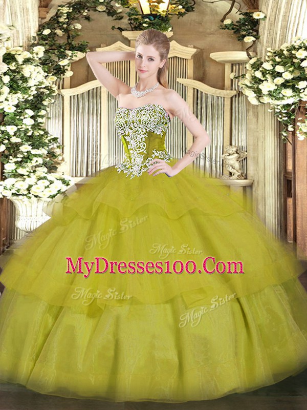 Floor Length Olive Green Quince Ball Gowns Strapless Sleeveless Lace Up