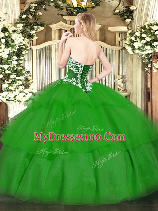 Floor Length Olive Green Quince Ball Gowns Strapless Sleeveless Lace Up