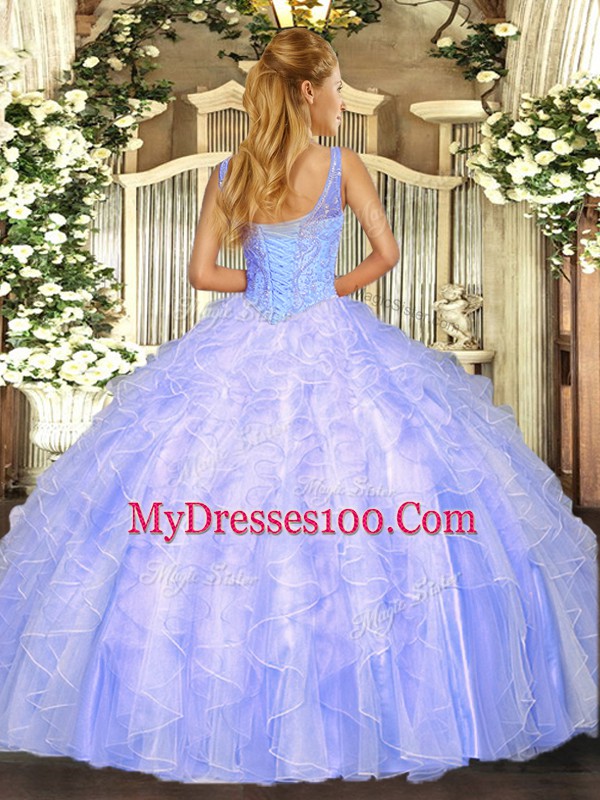 Sophisticated Lavender Tulle Lace Up V-neck Sleeveless Floor Length Sweet 16 Dresses Beading and Ruffles