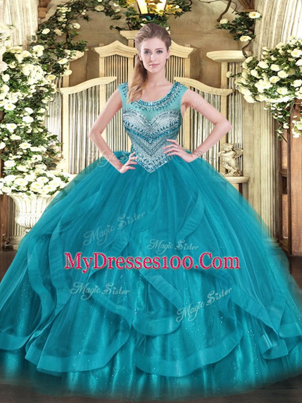 Teal Ball Gowns Tulle Scoop Sleeveless Beading and Ruffles Floor Length Lace Up Quinceanera Dresses