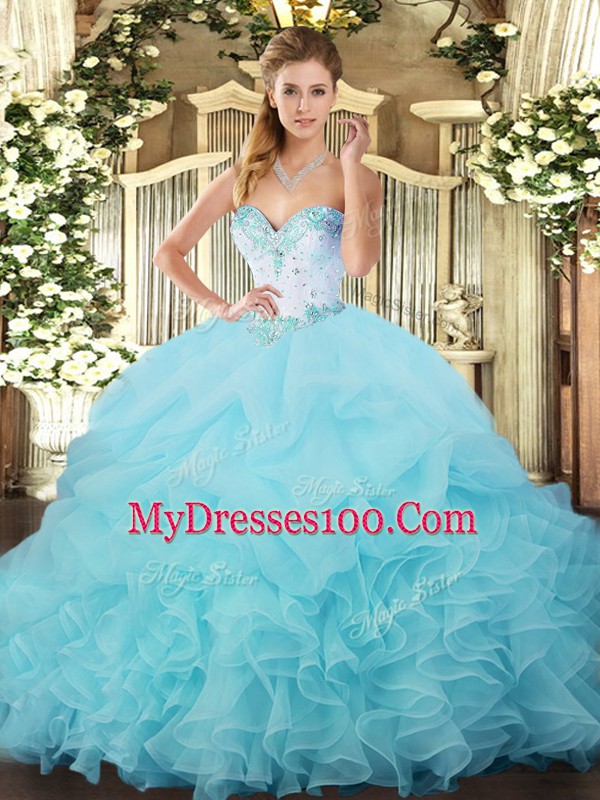 Aqua Blue Quinceanera Gowns Military Ball and Sweet 16 and Quinceanera with Beading and Ruffles and Pick Ups Sweetheart Sleeveless Lace Up