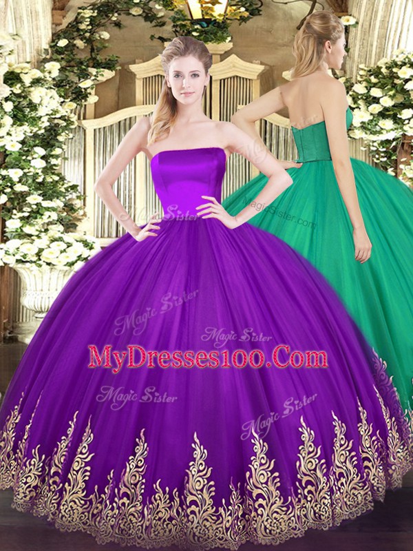 Sleeveless Tulle Floor Length Zipper Ball Gown Prom Dress in Purple with Appliques