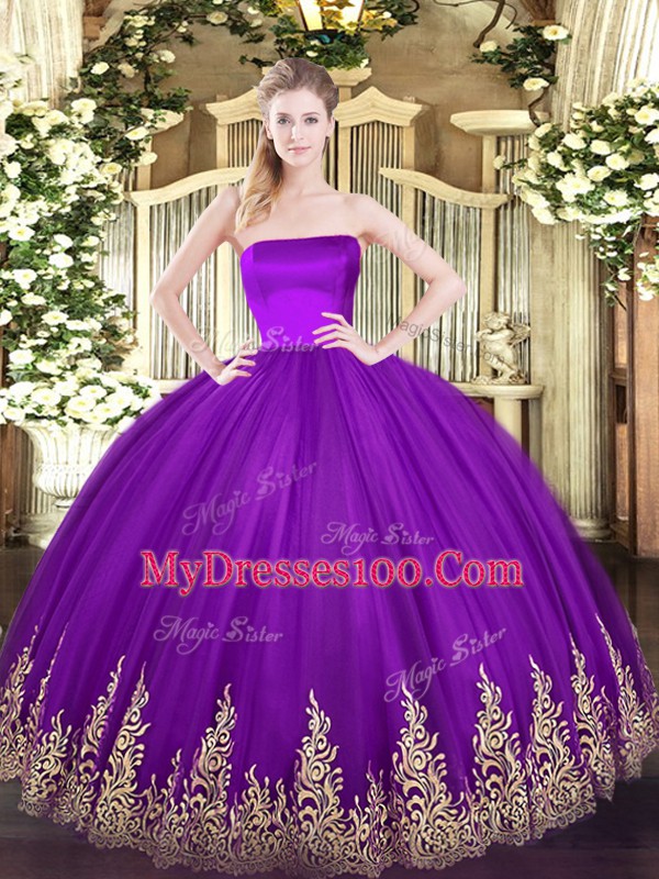 Sleeveless Tulle Floor Length Zipper Ball Gown Prom Dress in Purple with Appliques