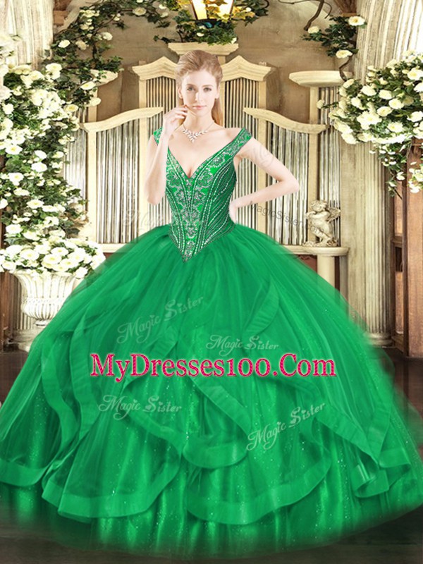 Fine Floor Length Green Ball Gown Prom Dress Tulle Sleeveless Beading and Ruffles