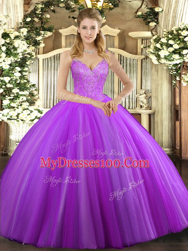 Floor Length Eggplant Purple Vestidos de Quinceanera Tulle Sleeveless Beading