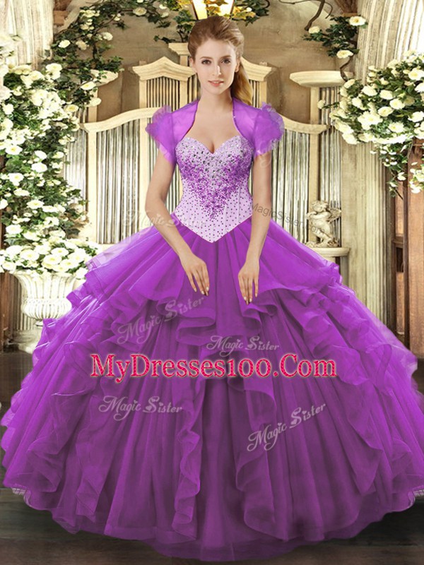 Cheap Eggplant Purple Sleeveless Floor Length Beading Lace Up Quinceanera Dresses