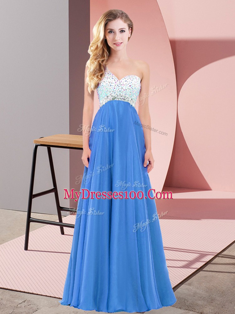 Adorable Chiffon One Shoulder Sleeveless Criss Cross Beading Prom Evening Gown in Blue