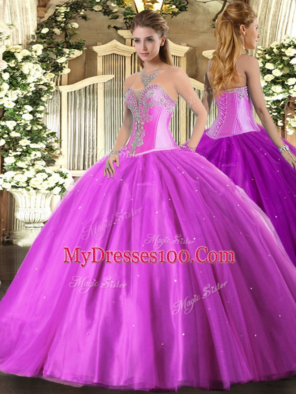 Lilac Quinceanera Gown Military Ball and Sweet 16 and Quinceanera with Beading Sweetheart Sleeveless Lace Up