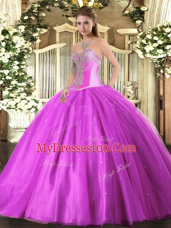 Lilac Quinceanera Gown Military Ball and Sweet 16 and Quinceanera with Beading Sweetheart Sleeveless Lace Up