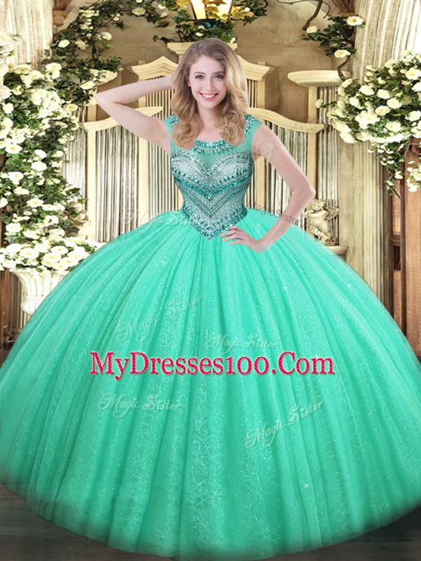 Scoop Sleeveless Tulle and Sequined Quinceanera Gowns Beading Lace Up