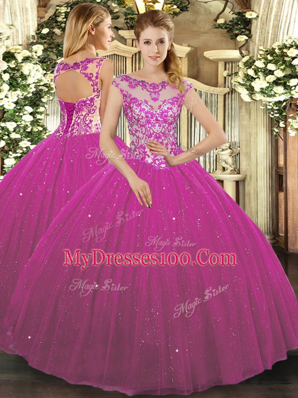 Luxurious Ball Gowns Quinceanera Dresses Fuchsia Scoop Tulle Cap Sleeves Floor Length Lace Up