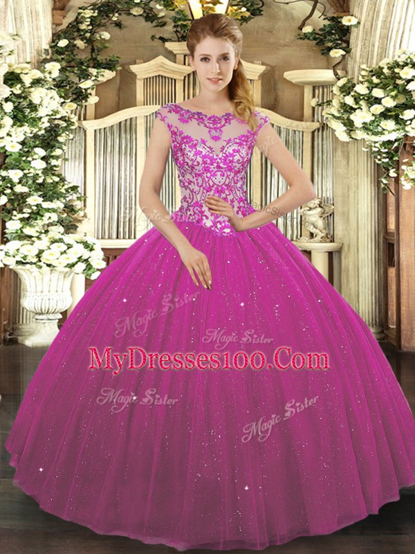 Luxurious Ball Gowns Quinceanera Dresses Fuchsia Scoop Tulle Cap Sleeves Floor Length Lace Up