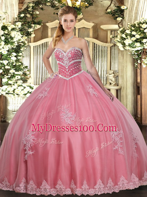 Watermelon Red Sleeveless Tulle Lace Up 15 Quinceanera Dress for Military Ball and Sweet 16 and Quinceanera