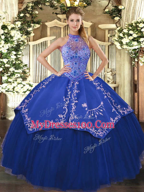 Beautiful Halter Top Sleeveless Quinceanera Gown Floor Length Beading and Embroidery Blue Tulle