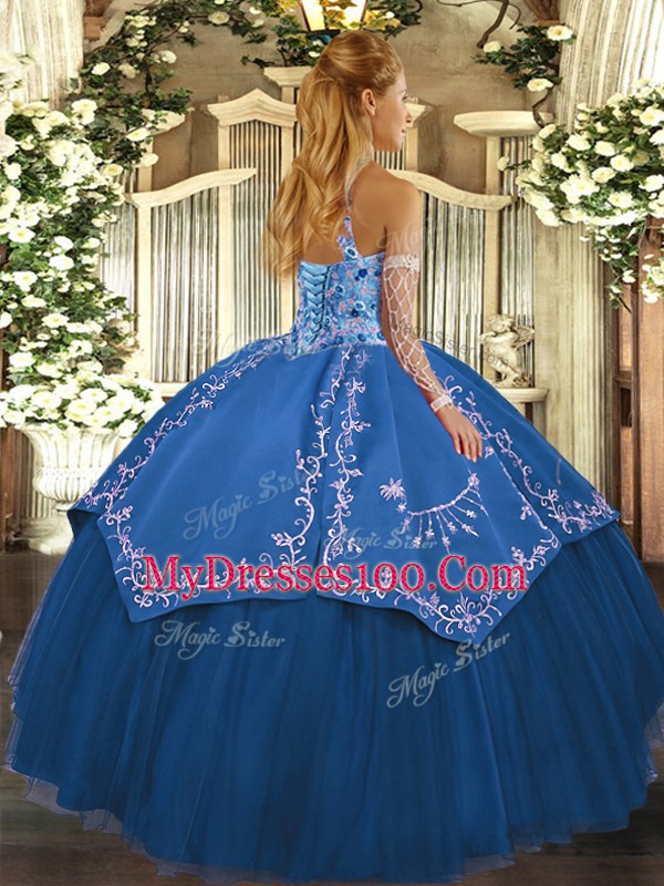 Beautiful Halter Top Sleeveless Quinceanera Gown Floor Length Beading and Embroidery Blue Tulle