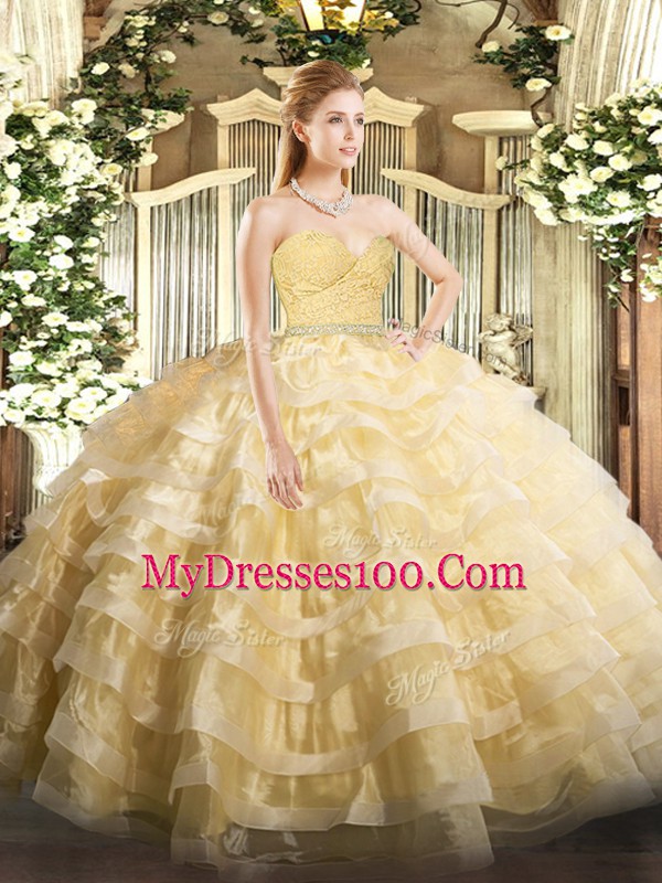 Floor Length Gold Quinceanera Gown Sweetheart Sleeveless Zipper