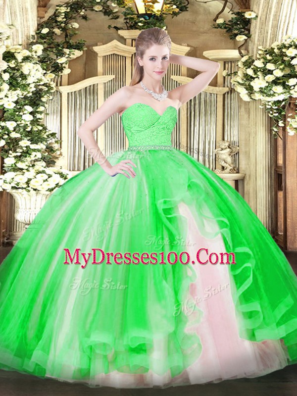Edgy Green Quinceanera Dresses Military Ball and Sweet 16 and Quinceanera with Beading and Lace and Ruffles Sweetheart Sleeveless Zipper