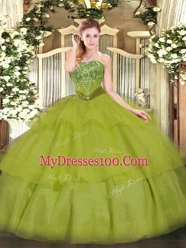 Olive Green Ball Gowns Tulle Strapless Sleeveless Beading and Ruffled Layers Floor Length Lace Up Vestidos de Quinceanera