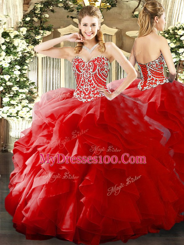 Floor Length Ball Gowns Sleeveless Red Quinceanera Gowns Lace Up