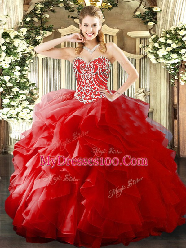 Floor Length Ball Gowns Sleeveless Red Quinceanera Gowns Lace Up