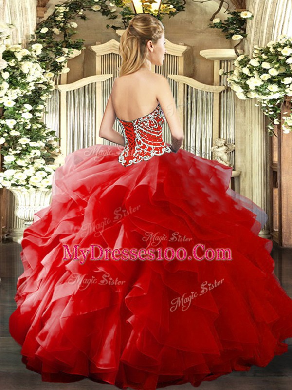 Floor Length Ball Gowns Sleeveless Red Quinceanera Gowns Lace Up