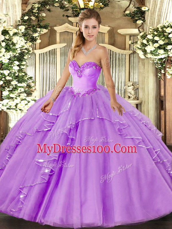 Lavender Sleeveless Beading and Ruffles Floor Length 15 Quinceanera Dress